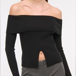 Abercrombie & Fitch Black Ribbed Off-The-Shoulder Cutaway Sweater